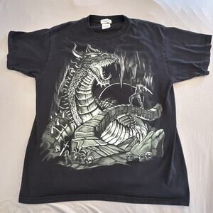 Vintage Excalibur Las Vegas Mens Shirt Large Black White Knight Fighting Dragon